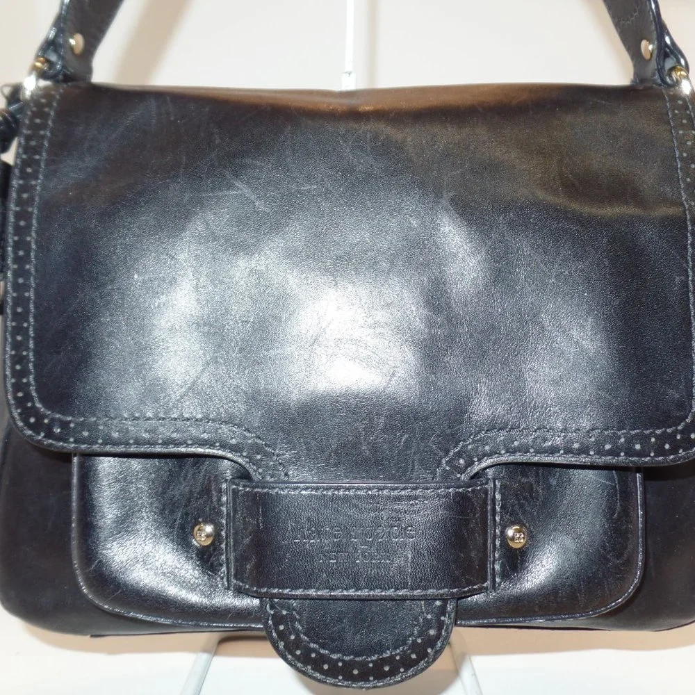 Kate Spade Soft Black Leather Flap Closure Bright Floral Lining Handbag - Picture 2 of 12